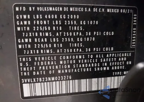 2022 Volkswagen Taos 1.5T Se from USA, damaged, VIN 3VVLX7B23NM023276